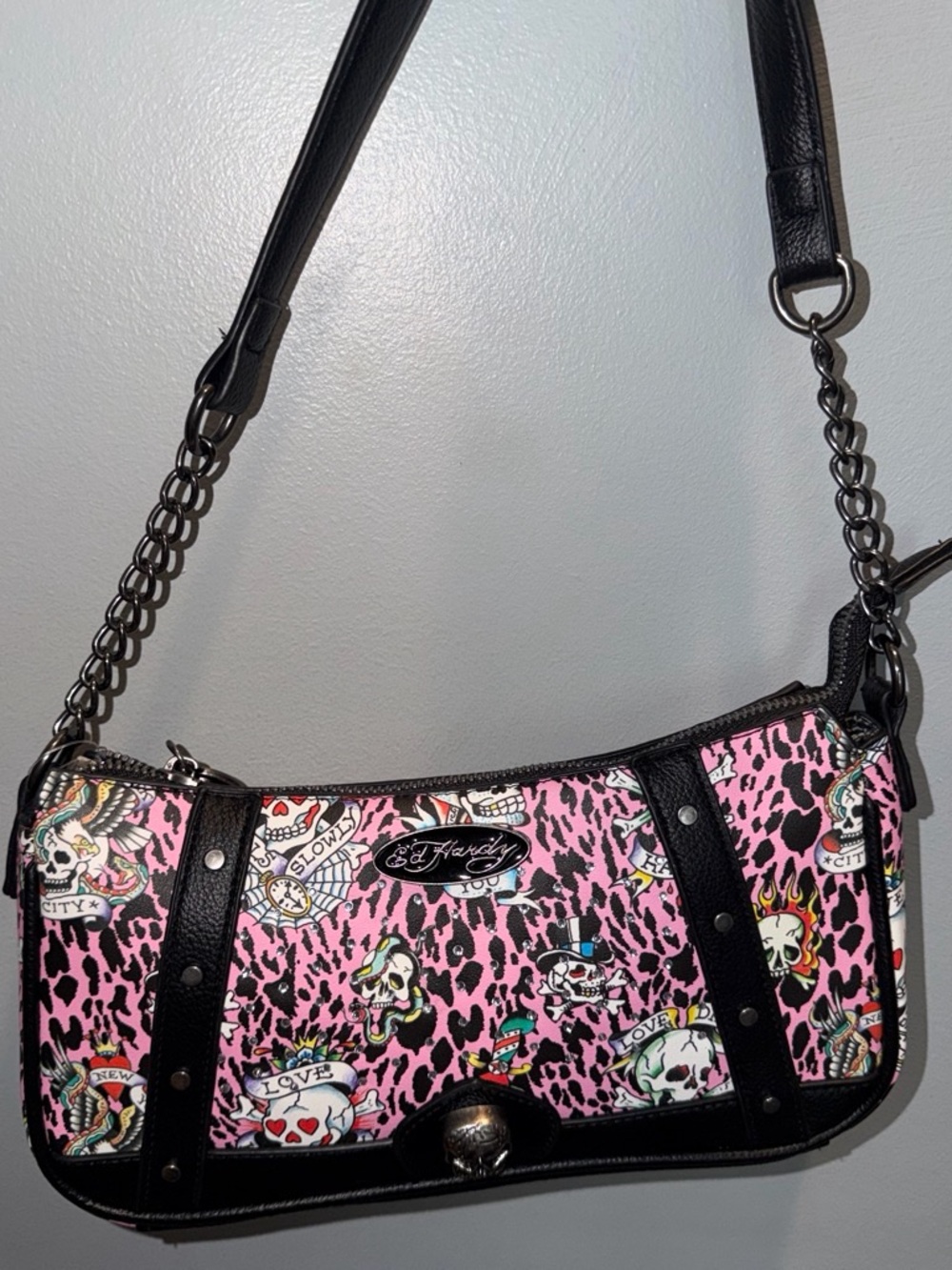 Ed Hardy Pink Leopard Tattoo-Graphic Shoulder Bag with Black Trim